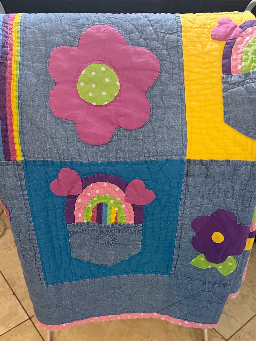 Vintage Handmade Applique Rainbow Quilt Twin 80x80” Floral Butterfly Patchwork